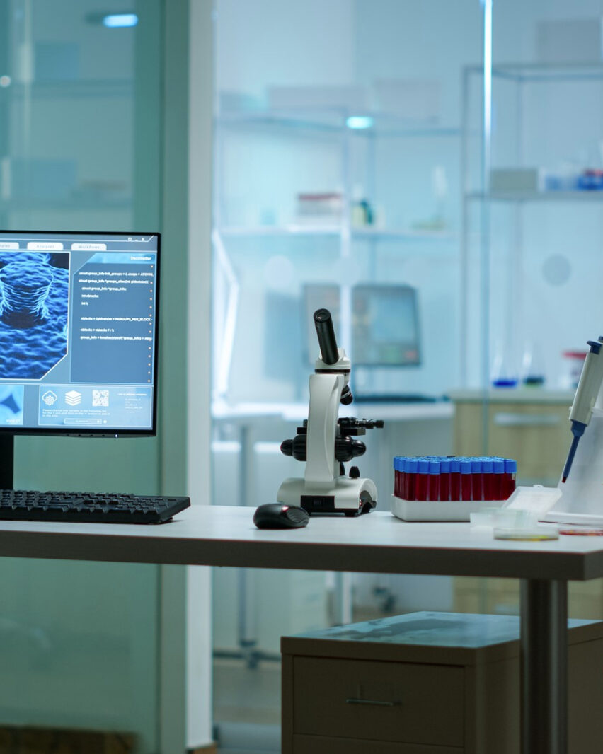 modern-empty-biological-applied-science-laboratory-with-technological-microscopes-glass-test-tubes-micropipettes-desktop-computers-displays-pc-s-are-running-sophisticated-dna-calculations
